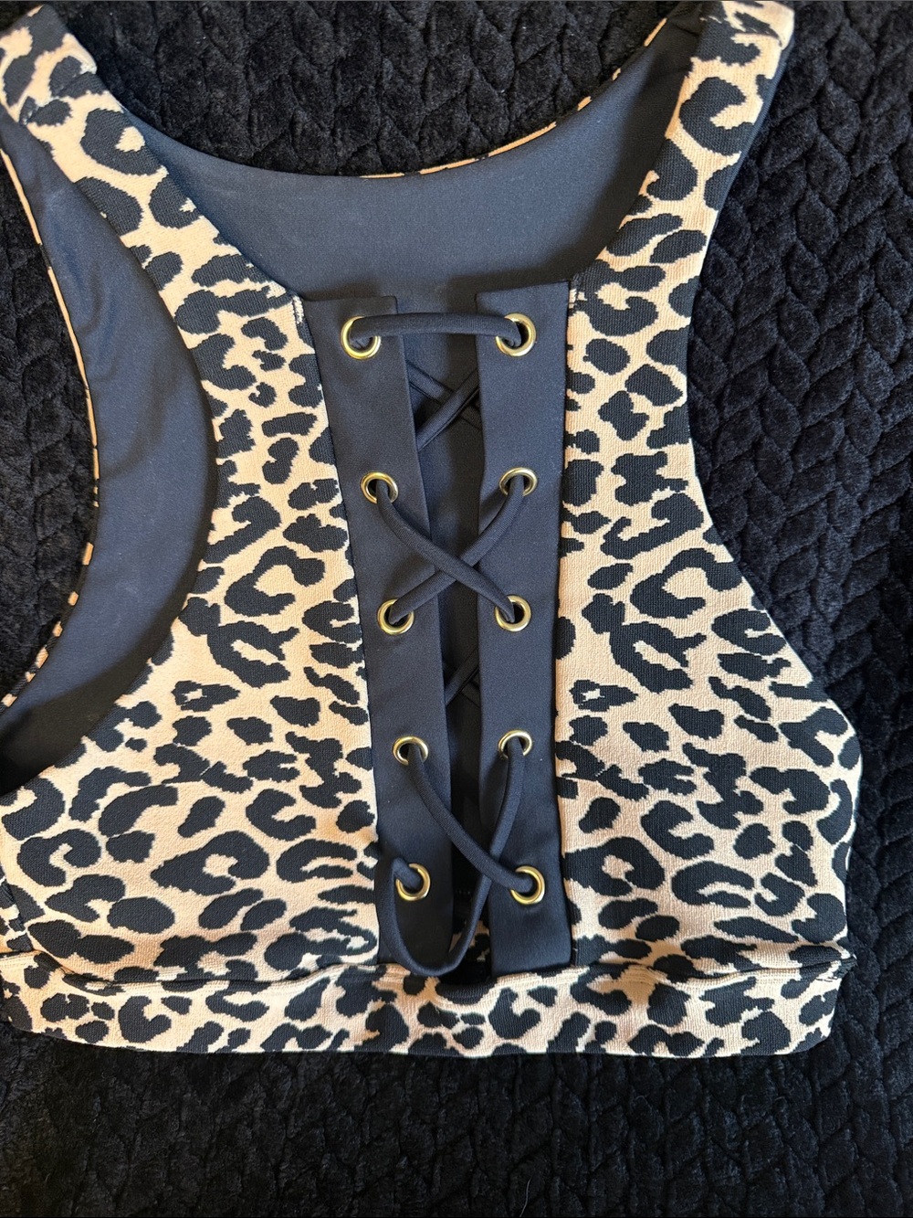 Beach Bunny Leopard Print Lace-Up Sports Bra - Black & Tan